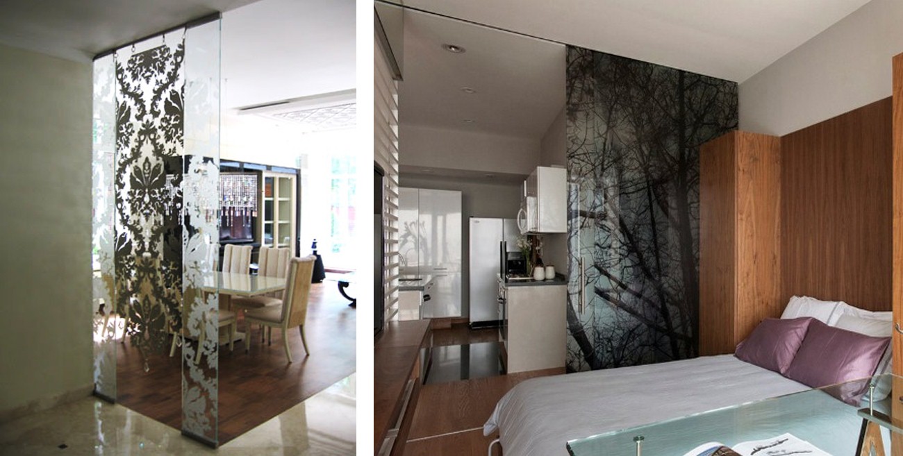 Окрашенные и гравированные стеклянные перегородки в комнатах жилых домов
